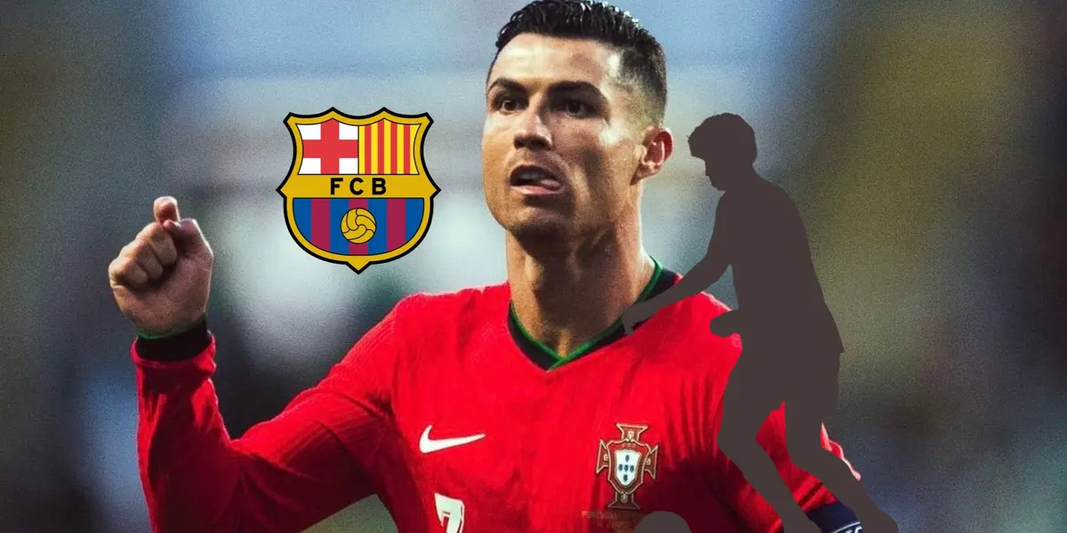 Cristiano Ronaldo celebrates his goal with a Portugal jersey on while a mystery player has the ball and the FC Barcelona badge is next to him. (Source: GOATTWORLD X)