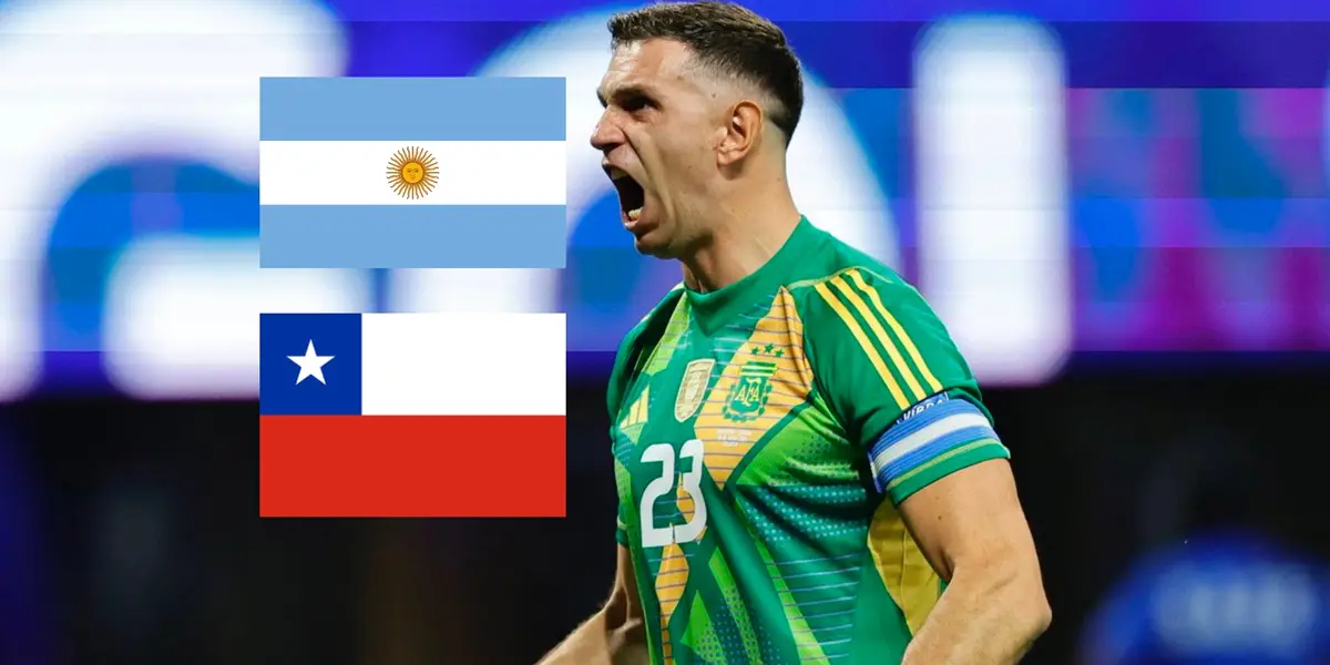 Emiliano Martinez shouts with joy as he wears the Argentina goalkeeper jersey; the Argentina and Chile flags are next to him. (Source: All About Argentina X)