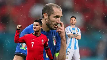 Giorgio Chiellini touches his nose while Cristiano Ronaldo and Lionel Messi wear their national team jerseys. (Source: AFP, Cristiano Ronaldo X, Messi Xtra)
