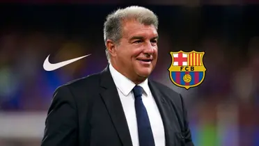 Joan Laporta smiles as the Nike logo and the FC Barcelona badge is next to him. (Source: FC Barcelona X)