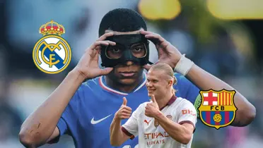 Kylian Mbappé fixes his mask while Real Madrid badge is next to him and Erling Haaland smiles as the FC Barcelona badge is next to him. (Source: Madrid Xtra X, Erling Haaland X)