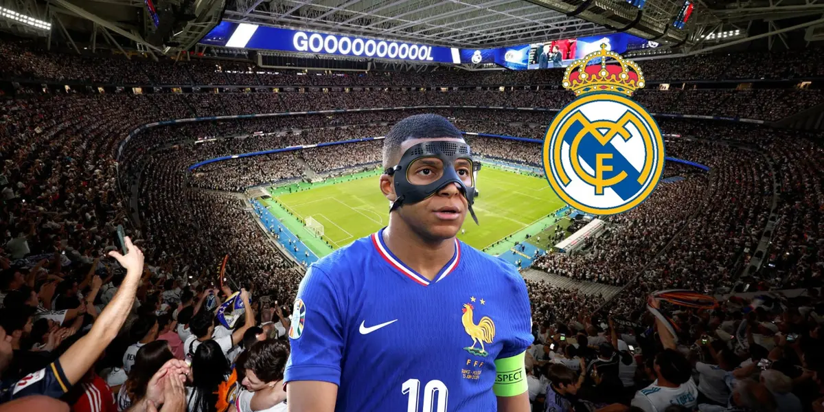 Kylian Mbappé looks serious as he wears the mask while the Real Madrid badge is on top and the Santiago Bernabeu is stacked with fans. (Source: Real Madrid, Getty Images)