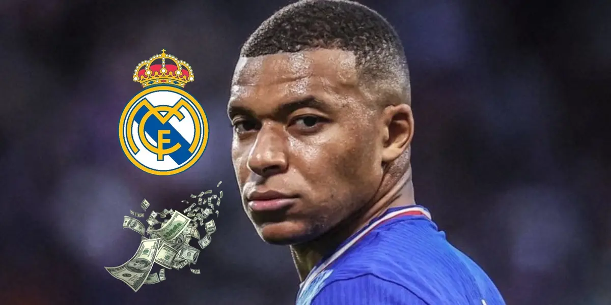 Kylian Mbappé looks serious with a France jersey on while the Real Madrid badge is next to him and money is below it. (Source: KM10 Zone X)