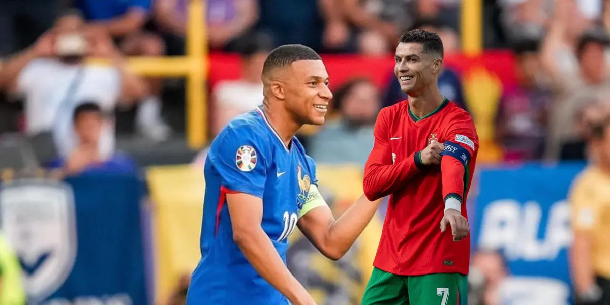 Kylian Mbappé smiles while he wears the France jersey and Cristiano Ronaldo smiles with the Portugal jersey. (Source: Madrid Universal X)