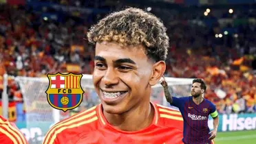 Lamine Yamal smiles with the Spain jersey as Lionel Messi celebrates a goal for FC Barcelona and the badge of Barcelona is next to him. (Source: UEFA EURO 2024, Messi Xtra X)