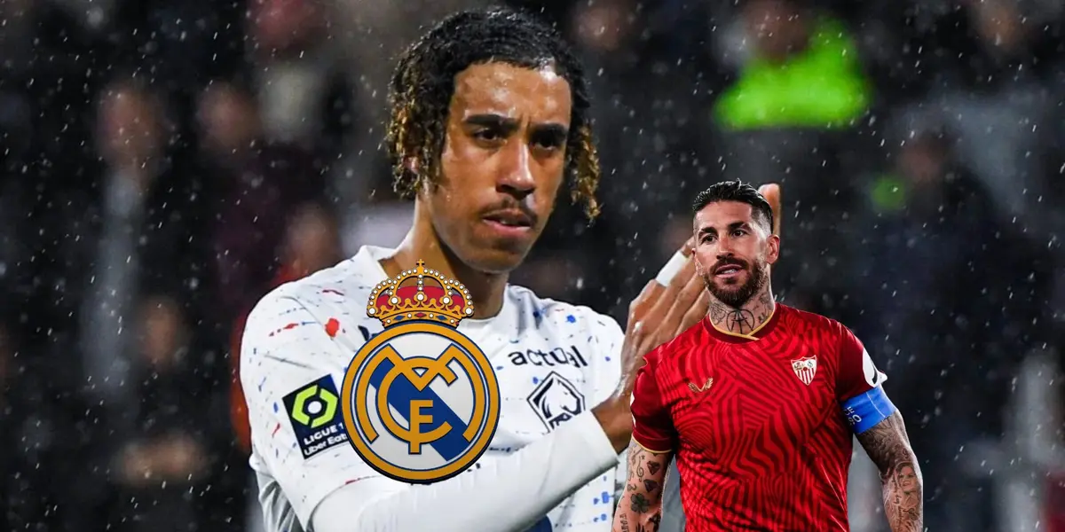Leny Yoro claps while wearing a Lille jersey and Sergio Ramos wears the Sevilla jersey; the Real Madrid badge is next to him. (Source: Madrid Xtra X)