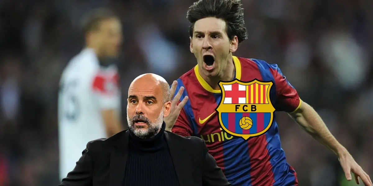 Lionel Messi celebrates his FC Barcelona goal while Pep Guardiola is shocked; the FC Barcelona badge is near them. (Source: UEFA)