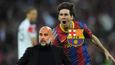 Lionel Messi celebrates his FC Barcelona goal while Pep Guardiola is shocked; the FC Barcelona badge is near them. (Source: UEFA)