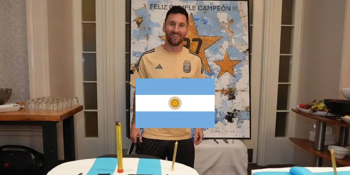 Lionel Messi smiles for a picture with his cake in front of him and the Argentina flag is in the middle. (Source: Messi Xtra X)