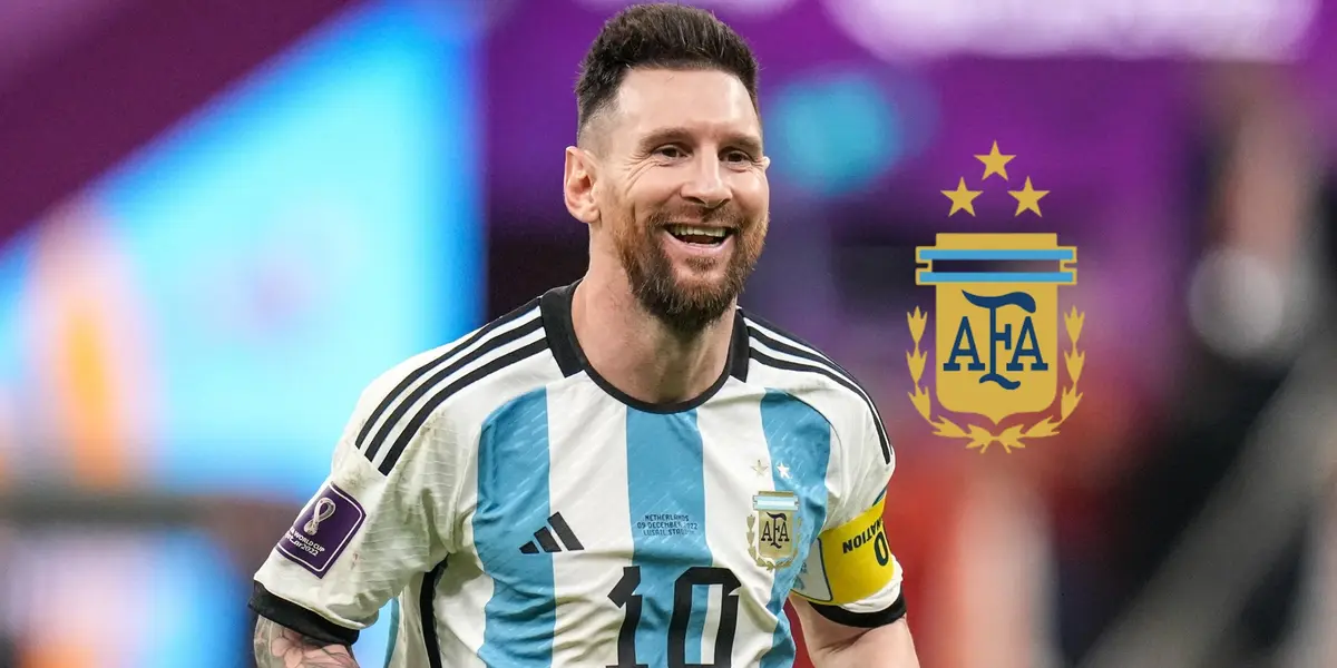 Lionel Messi smiles while wearing the Argentina jersey and the Argentina national team badge is next to him. (Getty Images, FIFA)