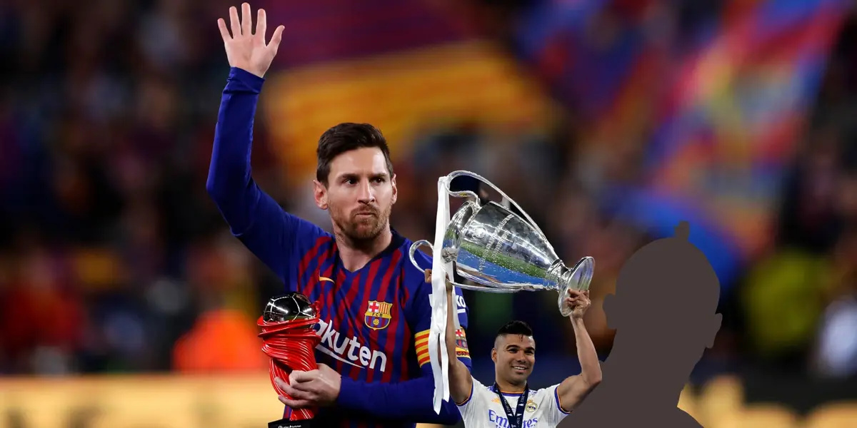 Lionel Messi waves while he holds an award and Casemiro lifts the Champions League trophy; a mystery player is next to him. (Source: AP, X)