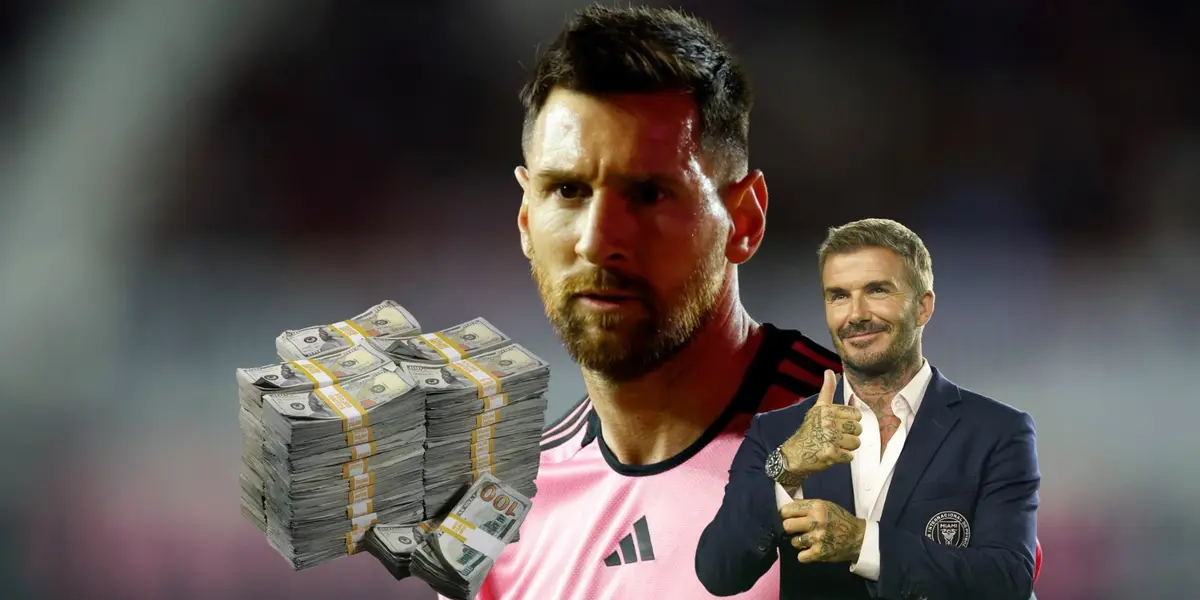 Lionel Messi wears the Inter Miami jersey as David Beckham smiels and throws a thumbs up and a stack of money is next to him. (Source: Messi Xtra X, Inter Miami)