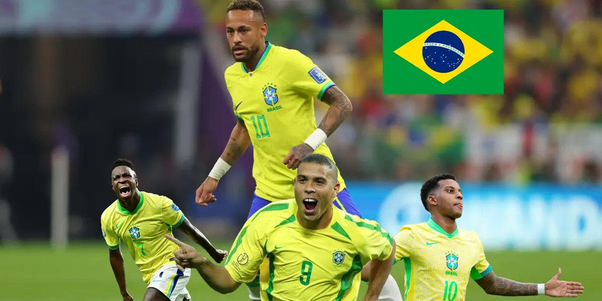 Neymar is playing football on the pitch with the Brazil kit while Vincius Jr, Rodrygo, and Ronaldo Nazario celebrate their goals. (Source: Getty Images)