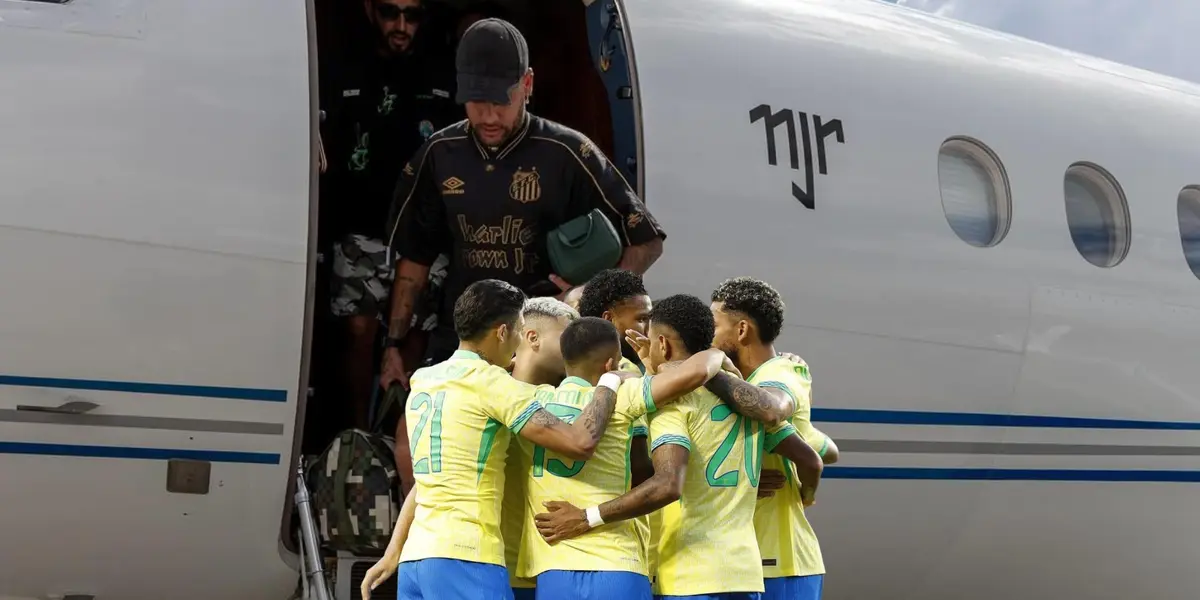 Neymar walks off his private jet while the Brazilian national team players celebrate a goal together. (Source: Neymar Jr., Telecom Asia)