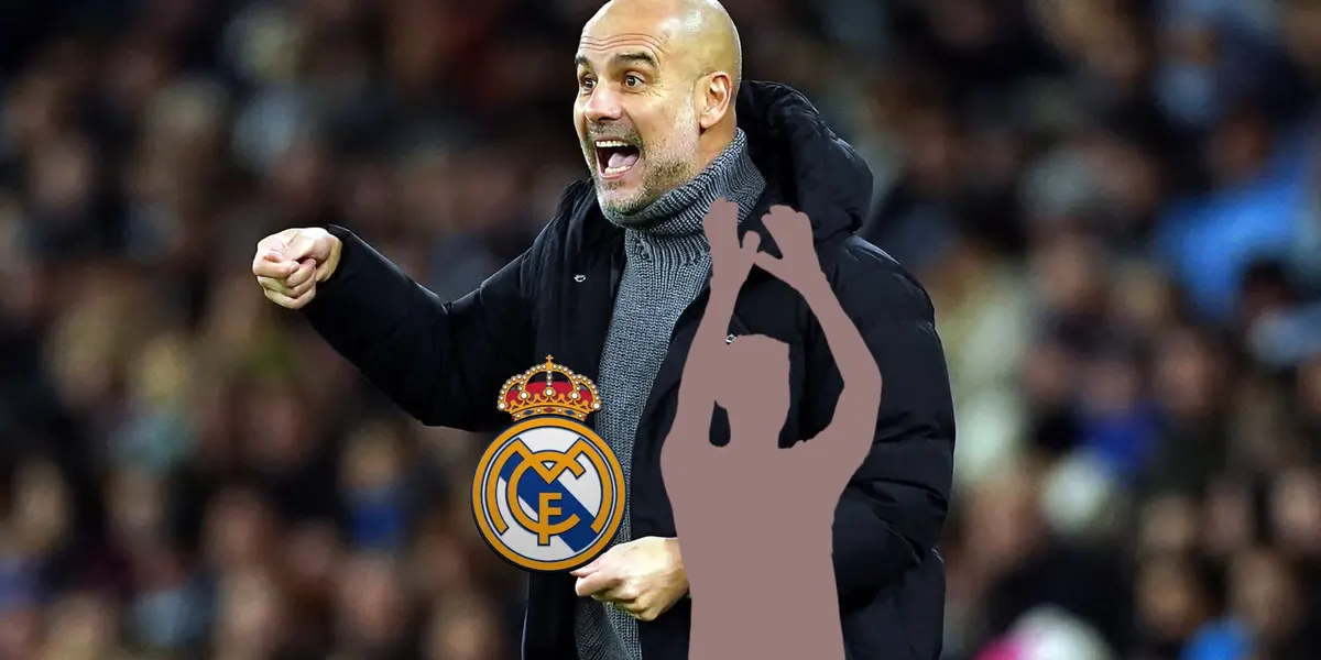 Pep Guardiola gives instructions as the Manchester City manager and the Real Madrud badge is next to a mystery player. (Source: Martin Rickett/PA Wire)