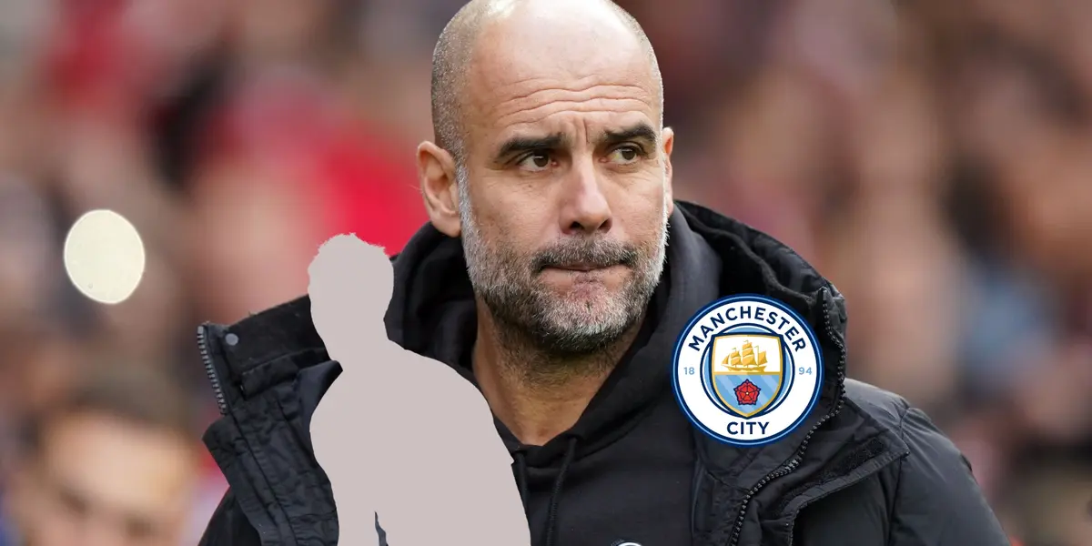 Pep Guardiola wears a jacket while a mystery player is below him but next to the Manchester City badge. (Source: Manchester City)