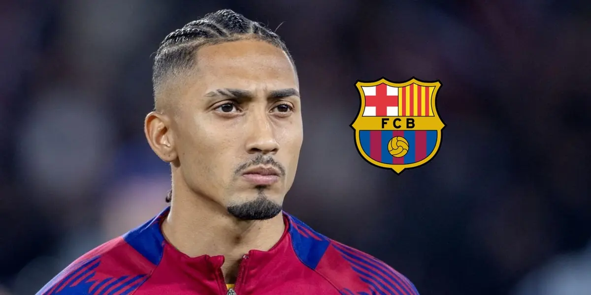 Raphinha looks serious while wearing the FC Barcelona jacket and the FC Barcelona badge is next to him. (Source: Barca Universal X)