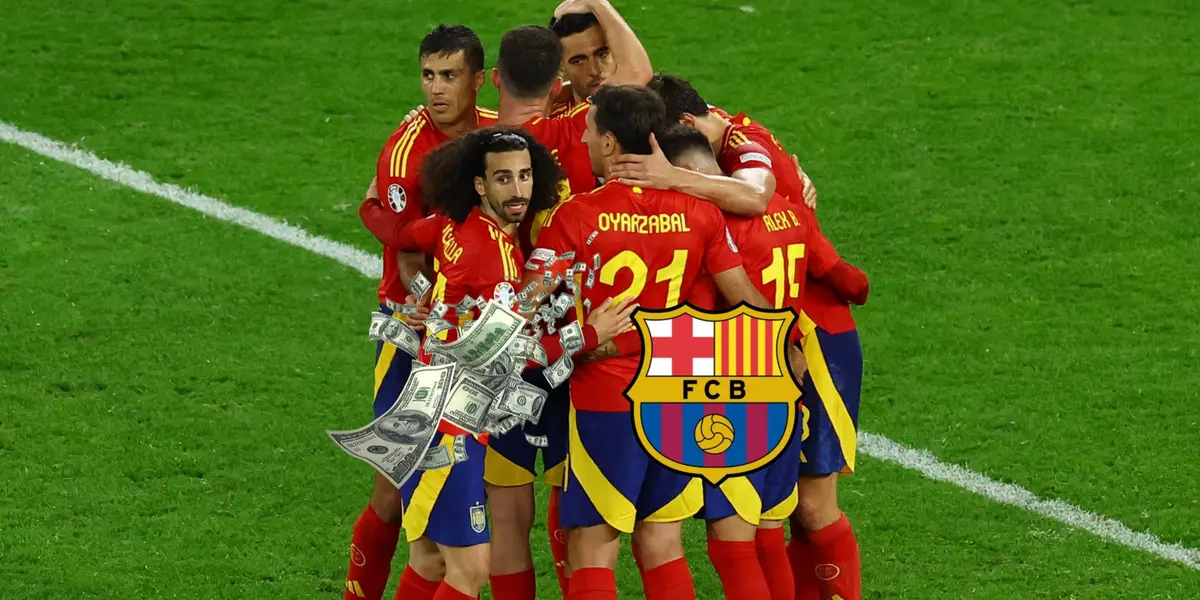 The Spanish national team players hug each other after a goal went in as the FC Barcelona badge is next to flying money. (Source: REUTERS)