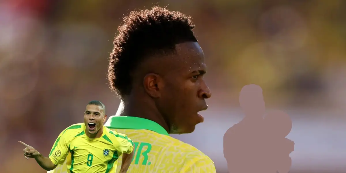 Vinicius Jr. looks to the side while Ronaldo Nazario celebrates his goal for Brazil and a mystery Brazilian legend holds a special prize. (Source: Getty Images)
