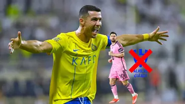 Cristiano Ronaldo celebrates a goal with Al Nassr while Lionel Messi walks with an Inter Miami jersey and the Al Hilal logo is crossed out. (Source: Al Nassr X, Messi Xtra X)