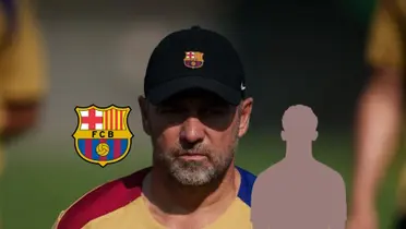 Hansi Flick wears the FC Barcelona hat during training as a mystery player and the FC Barcelona badge is next to him. (Source: Hansiflickk X)