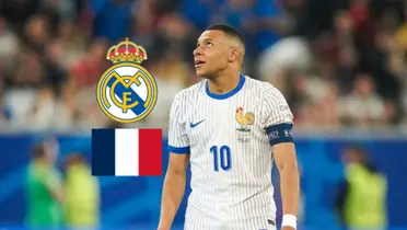 Kylian Mbappé looks up in disappointed while the Real Madrid badge and the French flag is next to him. (Source: UEFA EURO 2024 X)