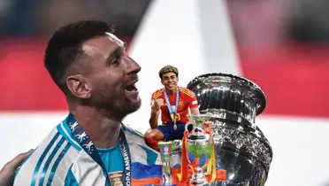 Lionel Messi smiles as he holds the Copa America trophy and Lamine Yamal smiles and poses with the European Championship and the best young player of the tournament award. (Source: Fabrizio Romano X, FCB_ACEE X) 